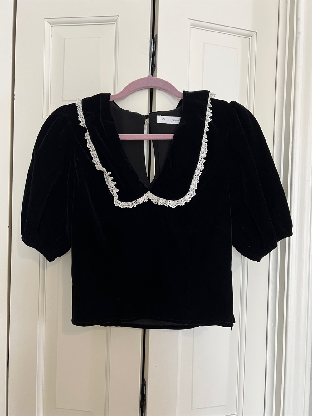 All in Favor Black Velvet Crop Top with White Lace Collar